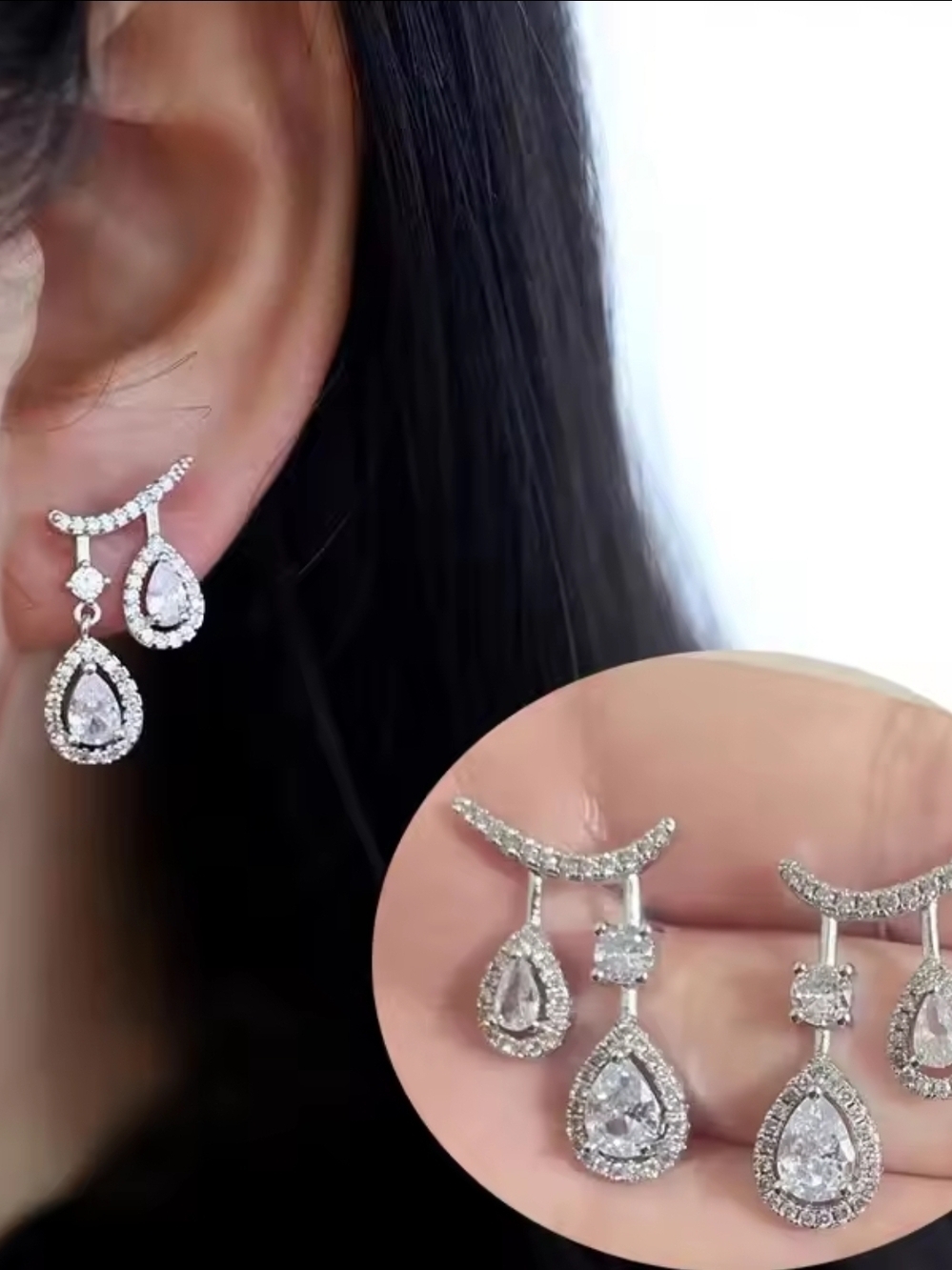 Silver Teardrop Crystal Dangle Earrings - Silver - Picture 11 of 12